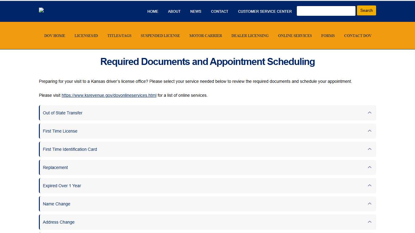 Kansas Department of Revenue Division of Vehicles - Required Documents and Appointment Scheduling